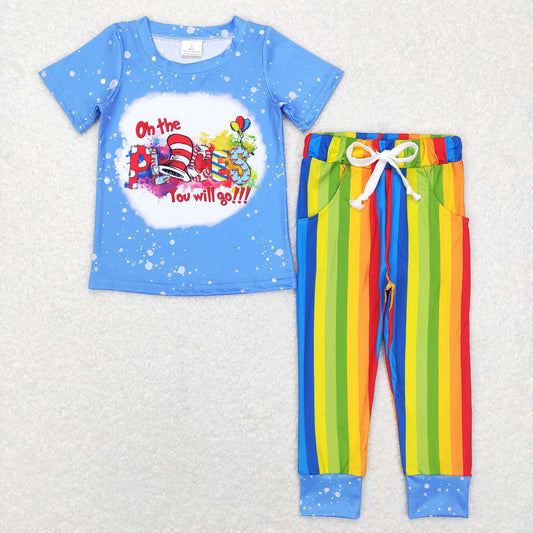 BSPO0176 Baby Boy Short Sleeves Dr Shirt Colorful Stripes Pocket Pants Outfit