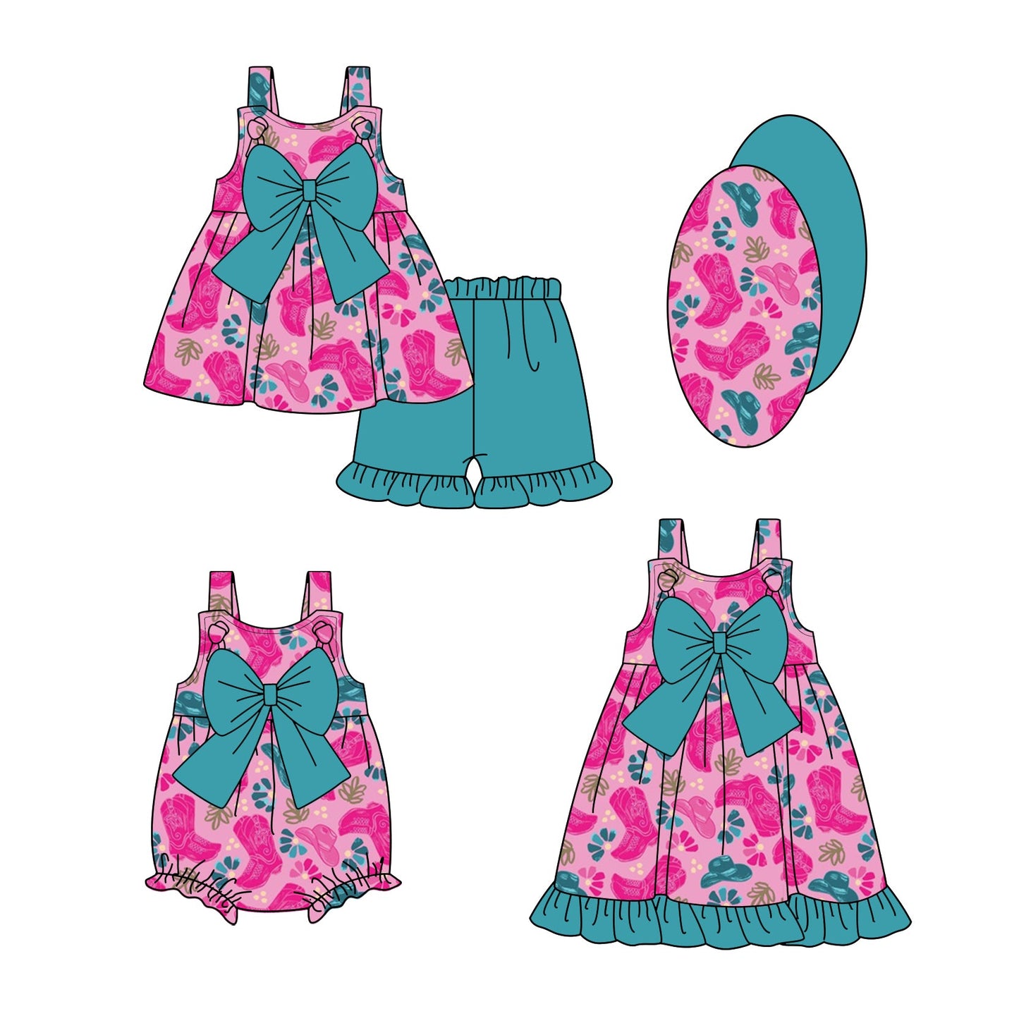 Baby Girl Western Boots Bows Sibling Romper Dress Set ( Moq 5 Each Style ) 1.17