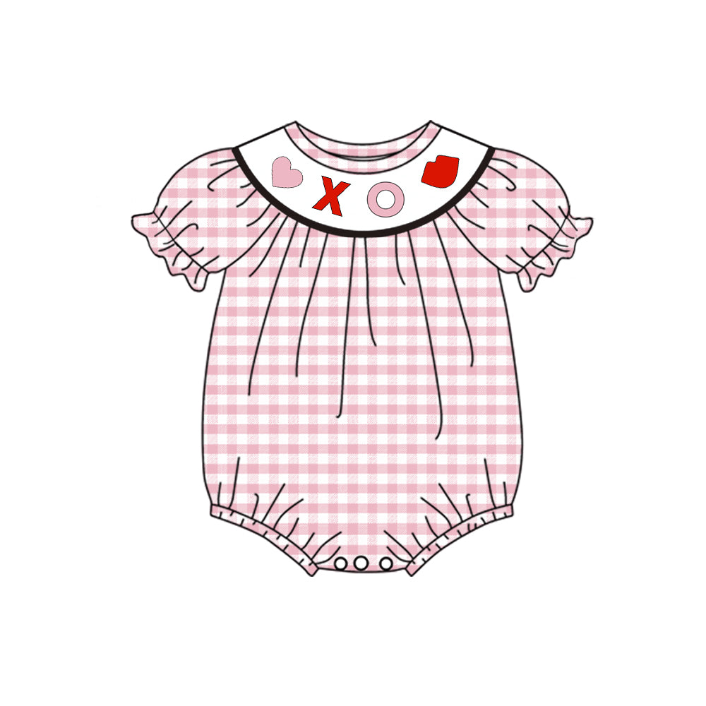 Baby Girl Infant Short Sleeves Valentine Pink Plaid Bubble Romper Moq 5