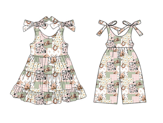 ( Moq 5 Each Style ) Baby Girl Sleeveless Western Flower Bows Sibling Jumpsuit Dress 3.25