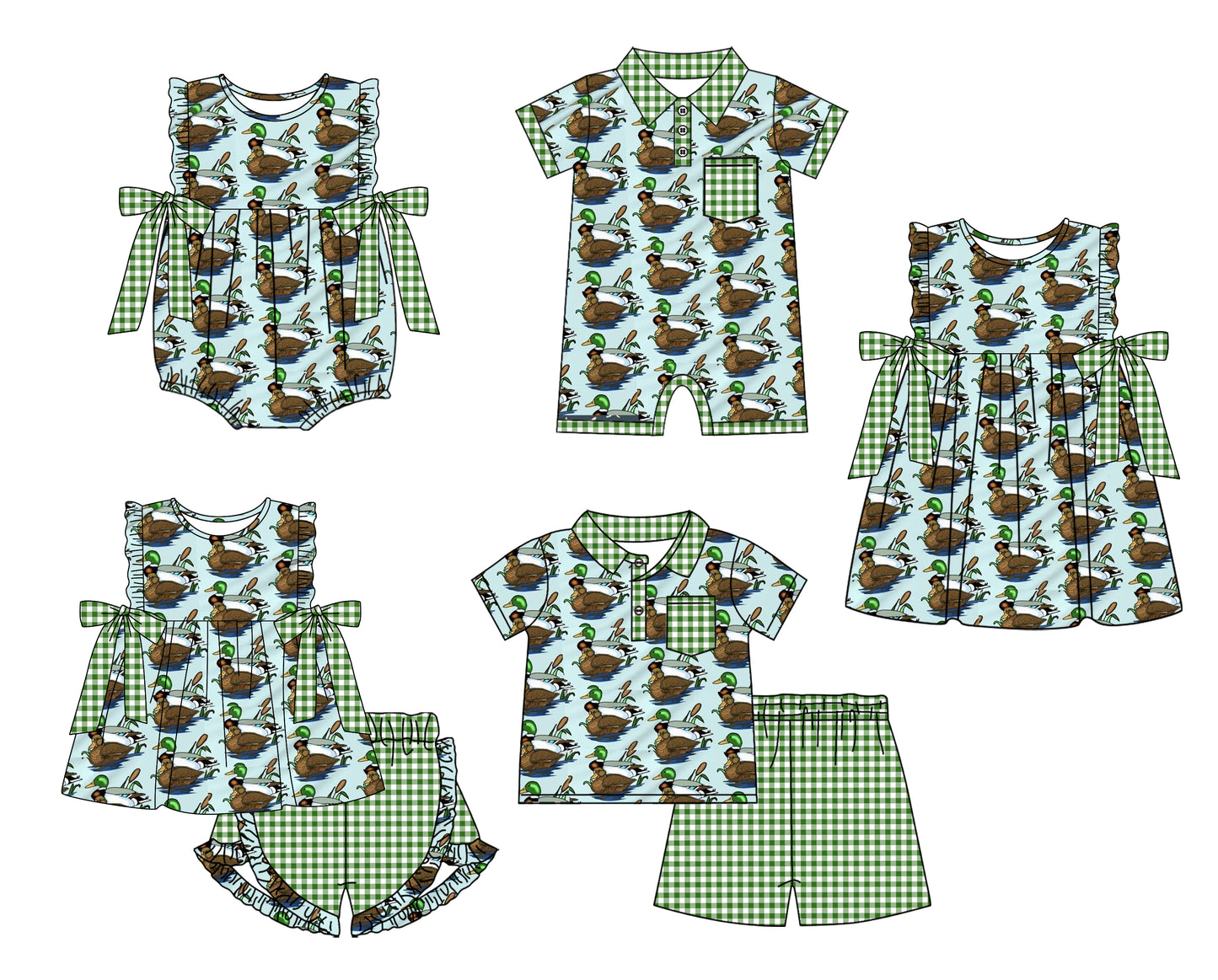 Baby Boy Girl Duck Plaid Bows Sibling Matching Green Dress Romper Clothes Set ( Moq 5 Each style )