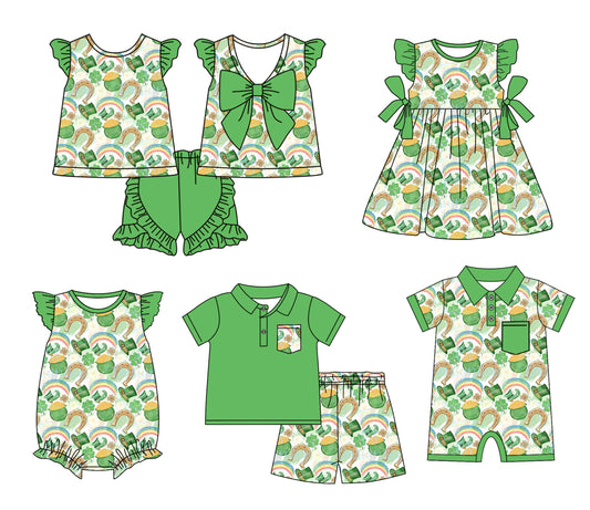 Baby Boy Girl Short Sleeves St. Patrick Rainbow Sibling Green Dress Romper Clothes Set ( Moq 5 Each style )12.3