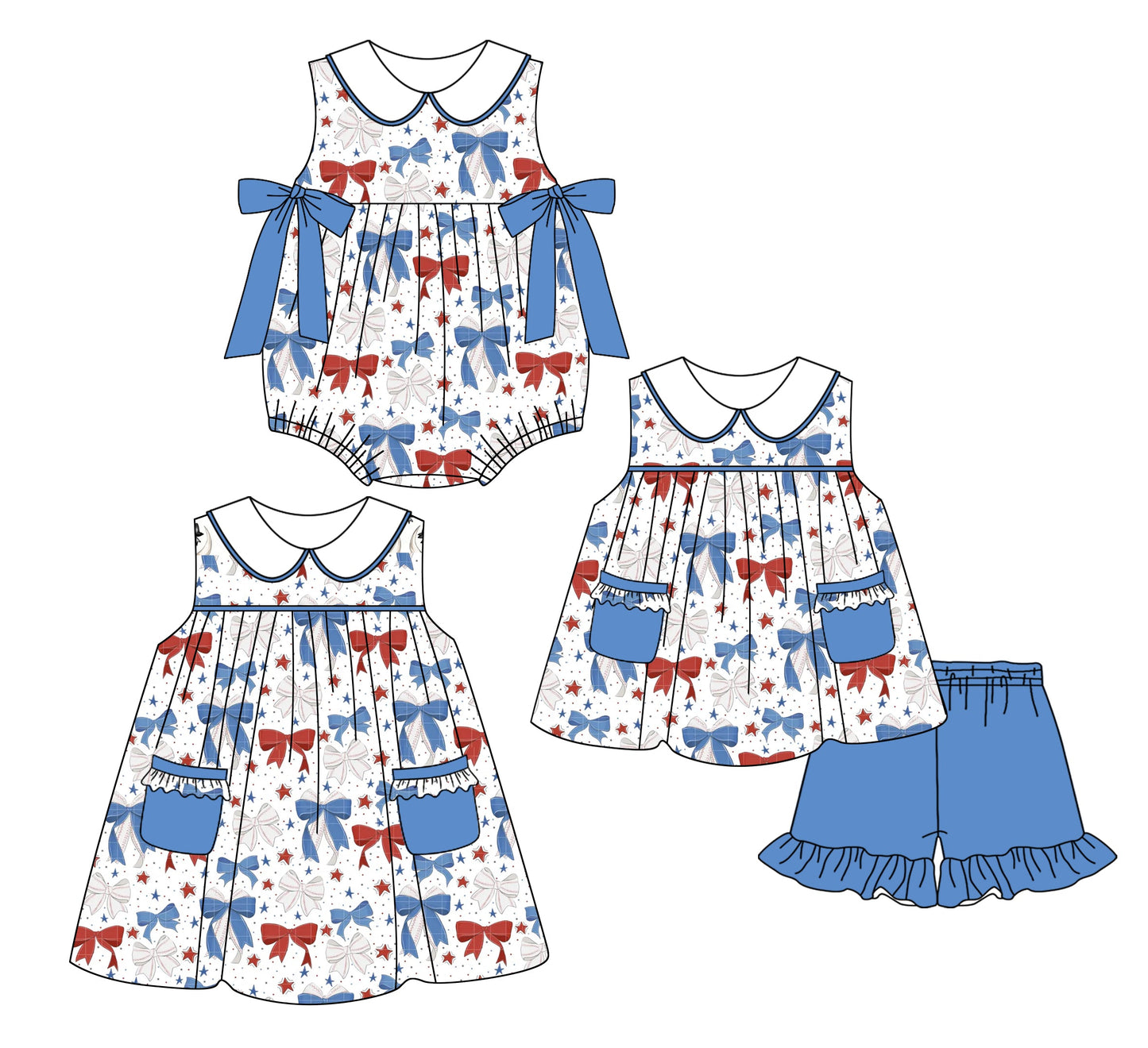 Baby Girl July 4th Bows Stars Sibling Romper Dress Set ( Moq 5 Each Style ) 2.26
