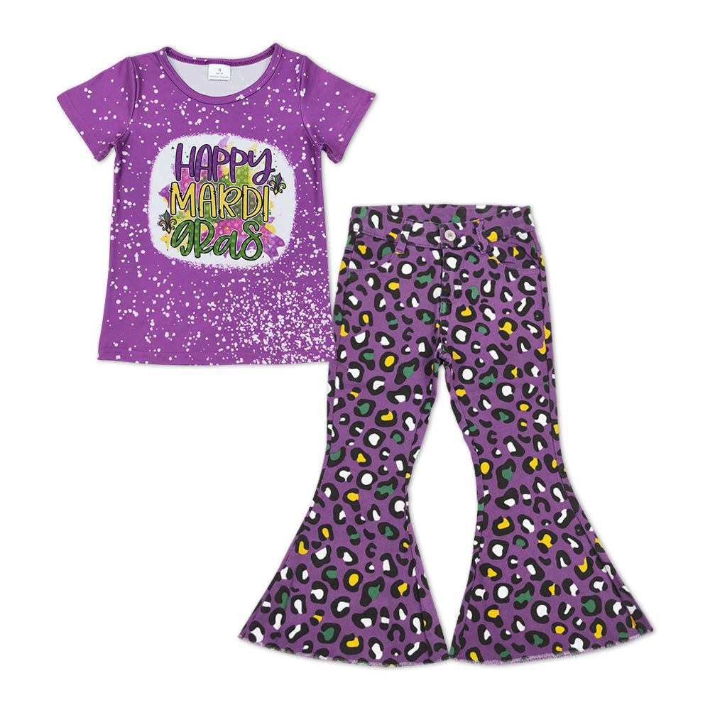 GSPO1250 Baby Girl Mardi Gras Shirt Leopard Purple Denim Pants Set