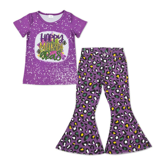 GSPO1250 Baby Girl Mardi Gras Shirt Leopard Purple Denim Pants Set