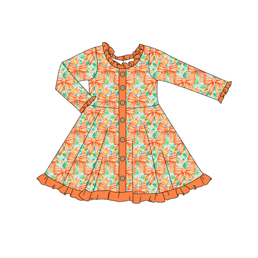 Baby Girl Long Sleeves Bow Flower Buttons Dress