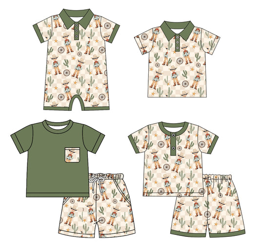 ( Moq 5 Each Style ) Baby Boy Short Sleeves Western Cactus Sibling Summer Romper Shirt Set 4.23