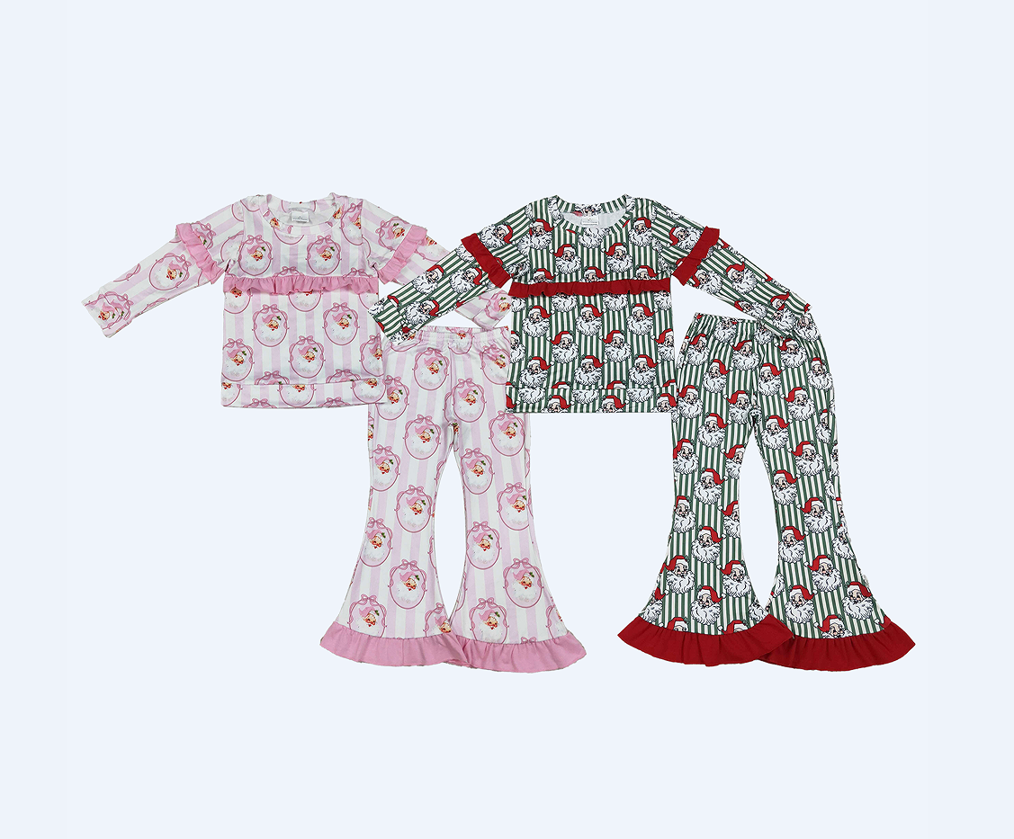 Sibling Baby Girl Kids Christmas Santa Stripes Ruffle Tops Bell Pants Sets Clothes RTS