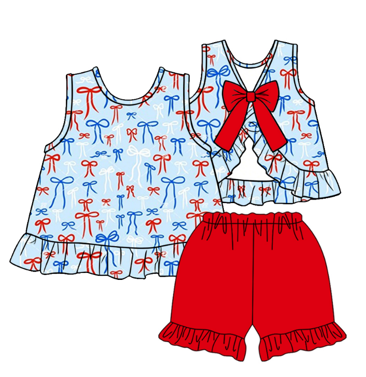 ( Moq 5 ) Baby Girls Toddler Sleeveless Red Blue Bows Tops Red Shorts 4th of July Set
