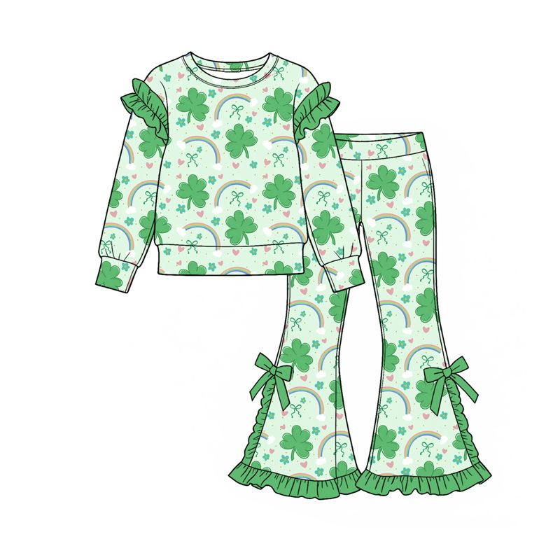 ( Moq 5 ) Preorder Baby Girls Kids Clovers Bows Tops Pants Green Set St Patrick Clothes