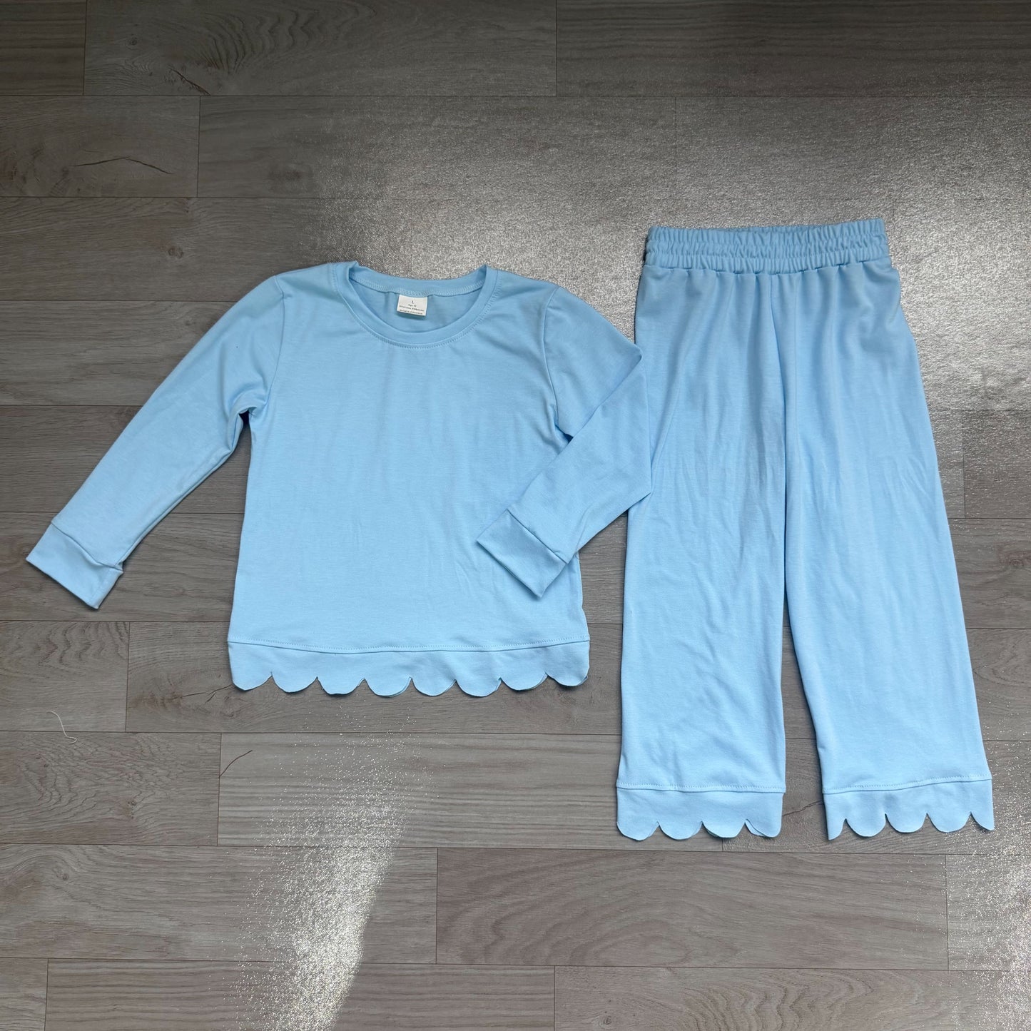 ( No moq ) Preorder Baby Girls Kids Long Sleeves Blue Shirt Pants Set Pajamas Scallop Clothes