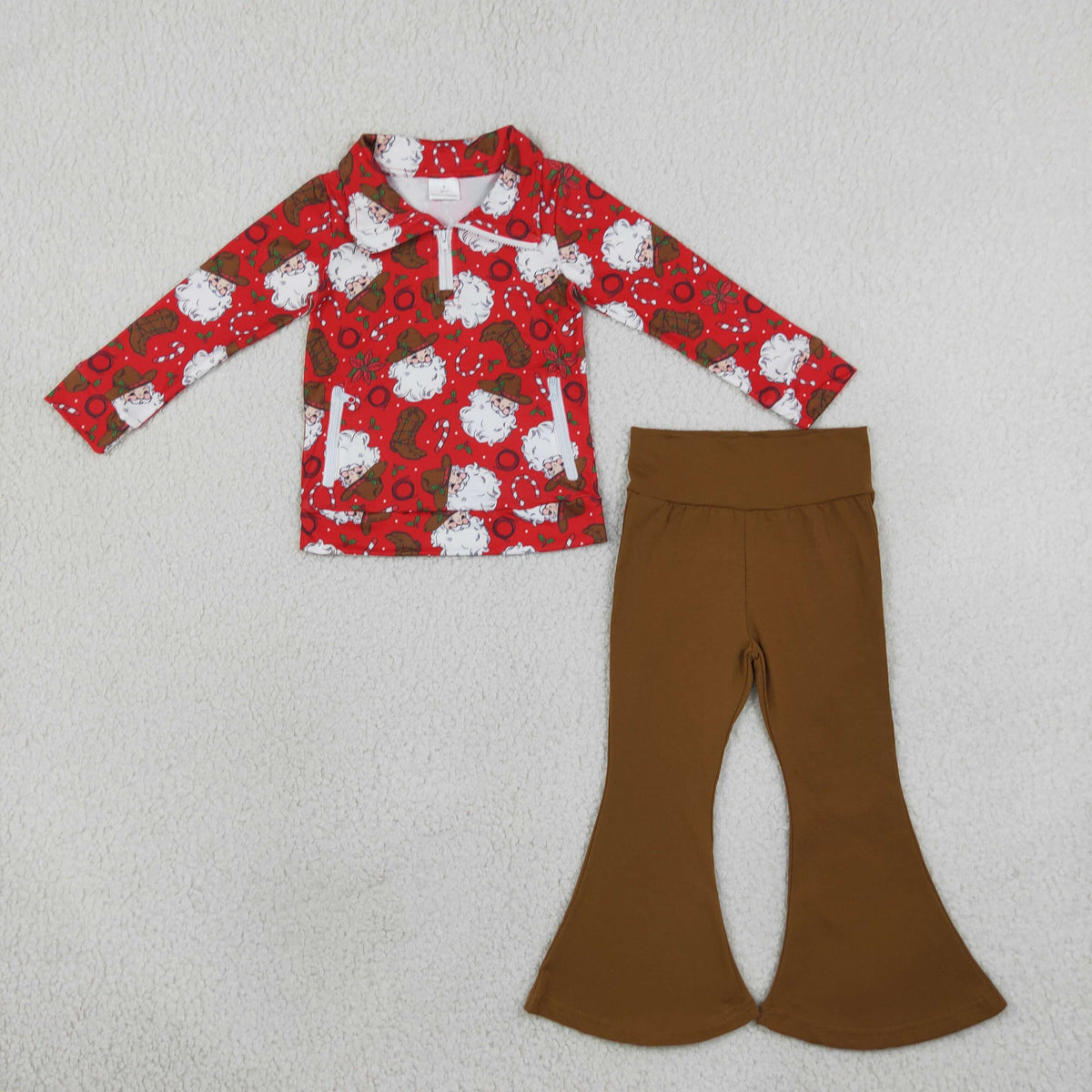 Baby Girls Kids Christmas Santa Zipper Pockets Tops Brown Pants Set Clothes RTS