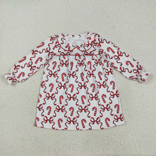 Baby Girl Long Ruffle Sleeves Red Bows Candy Cane Christmas Dress RTS