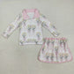 Baby Girl Long Sleeves Flower Pink Bows Zipper Shirt Skort Pink Set RTS