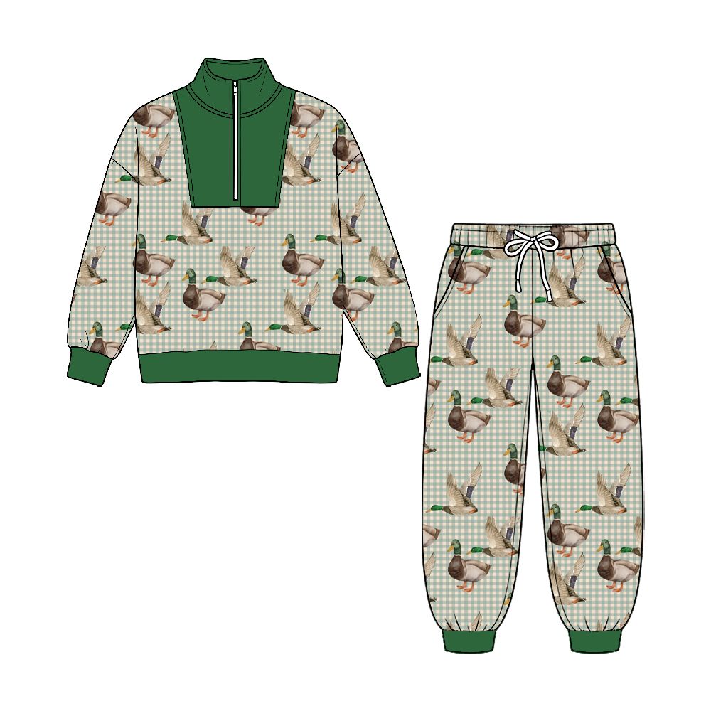 ( No moq ) Preorder Baby Boys Kids Long Sleeves Zipper Ducks Plaid Shirt Pockets Pants Set Clothes