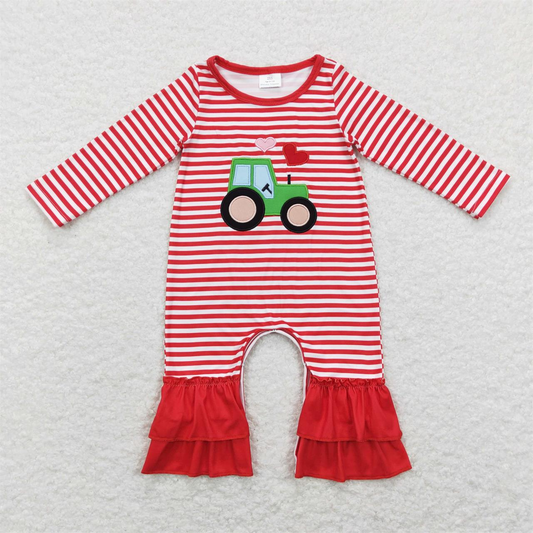 LR0847 Baby Girl Long Sleeves Valentine's Day Embroidery Tractor Hearts One Piece Romper