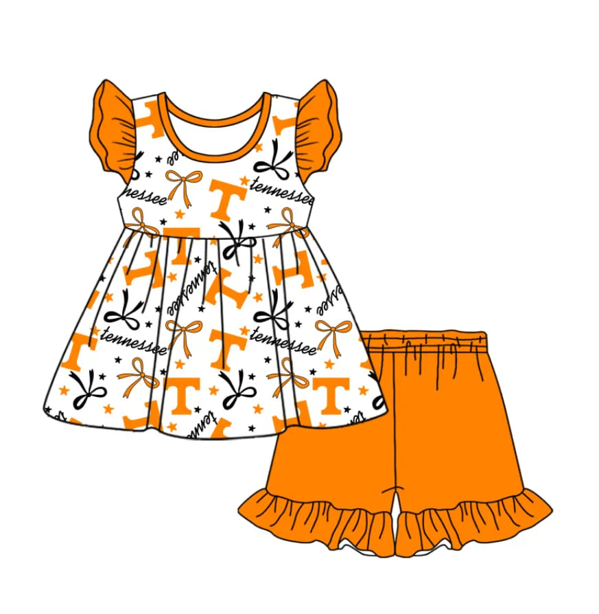 Baby Girl Short Sleeves Team T Bows Tunic Orange Shorts Clothes Set ( Moq 5 )