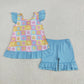 Baby Girl Short Sleeves Flower Plaid Bow Tunic Ruffle Blue Shorts Set RTS