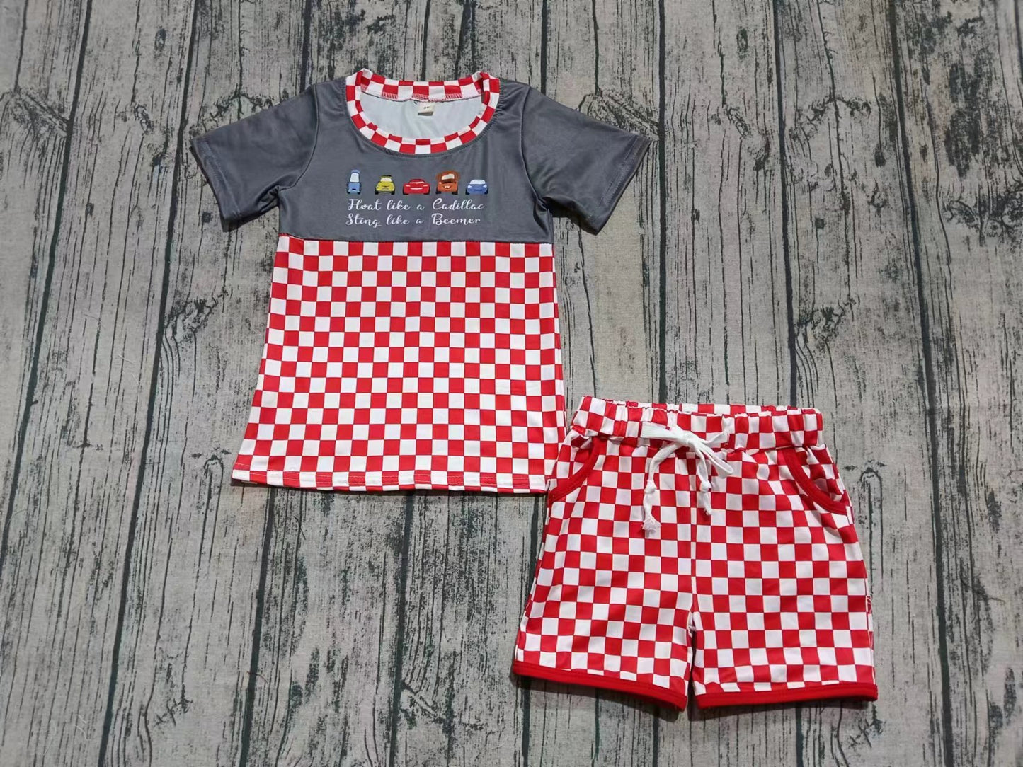 ( Moq 5  ) Baby Boy Short Sleeves Car Shirt Red Plaid Pockets Shorts Cartoon Set