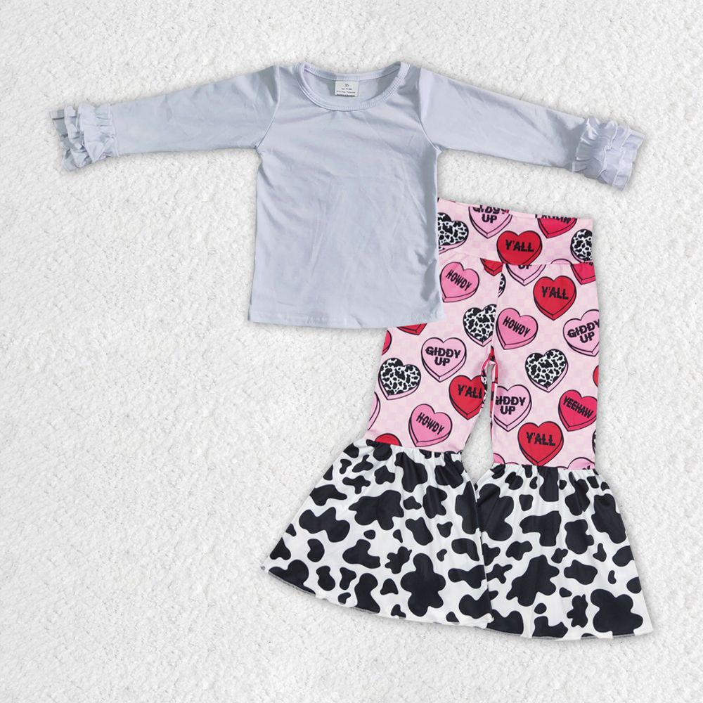 GLP1154 Baby Girl White Long Sleeves Cotton Shirt Valentine's  Hearts Bell Pants Set