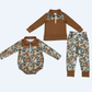 Sibling Baby Boys Kids Long Sleeves Leaves Zipper Romper Set Brown Clothes RTS
