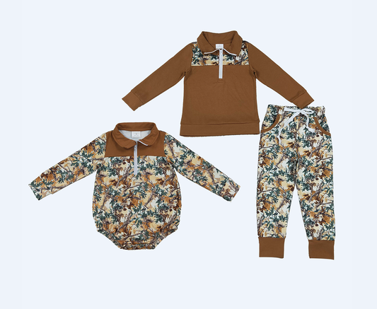 Sibling Baby Boys Kids Long Sleeves Leaves Zipper Romper Set Brown Clothes RTS