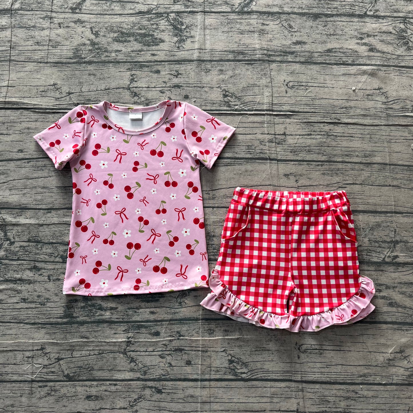 Baby Girls Kids Short Sleeves Cherry Flower Shirt Plaid Ruffle Shorts Set Clothes RTS