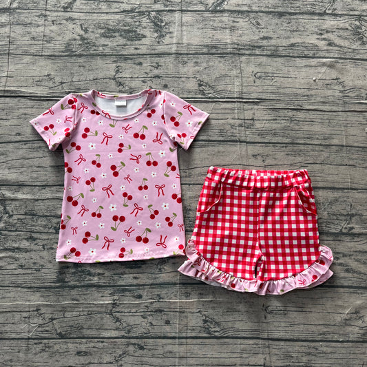 Baby Girls Kids Short Sleeves Cherry Flower Shirt Plaid Ruffle Shorts Set Clothes RTS