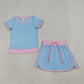Baby Girls Kids Short Sleeves Shirt Skirt Shorts Blue Cotton Clothes Set RTS
