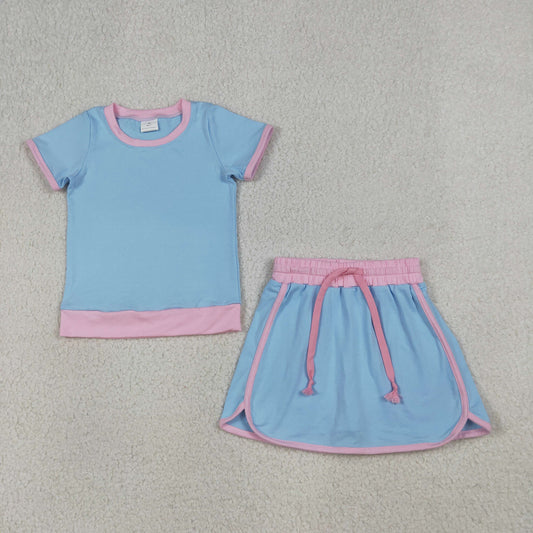 Baby Girls Kids Short Sleeves Shirt Skirt Shorts Blue Cotton Clothes Set RTS