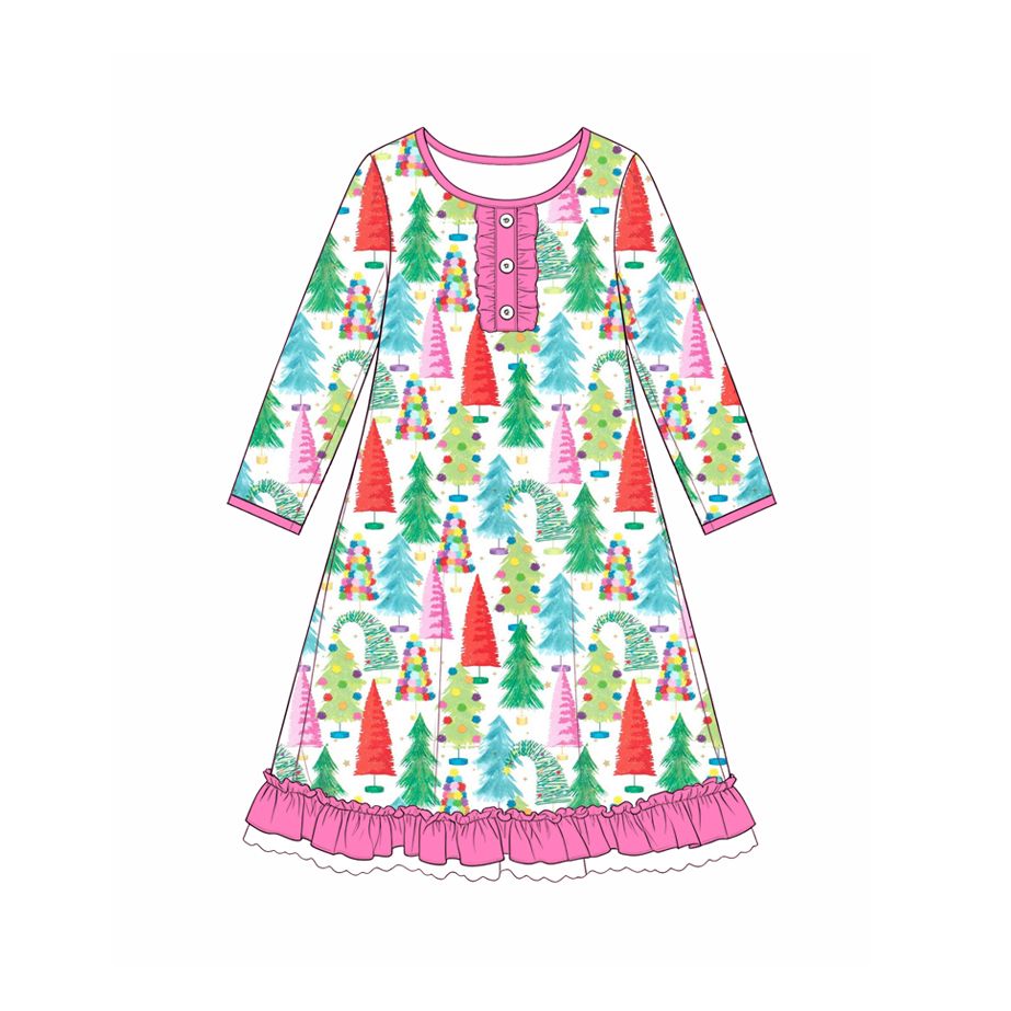 ( Moq 5 ) Preorder Baby Girls Kids Long Sleeves Christmas Tree Knee Length Ruffle Dress Clothes