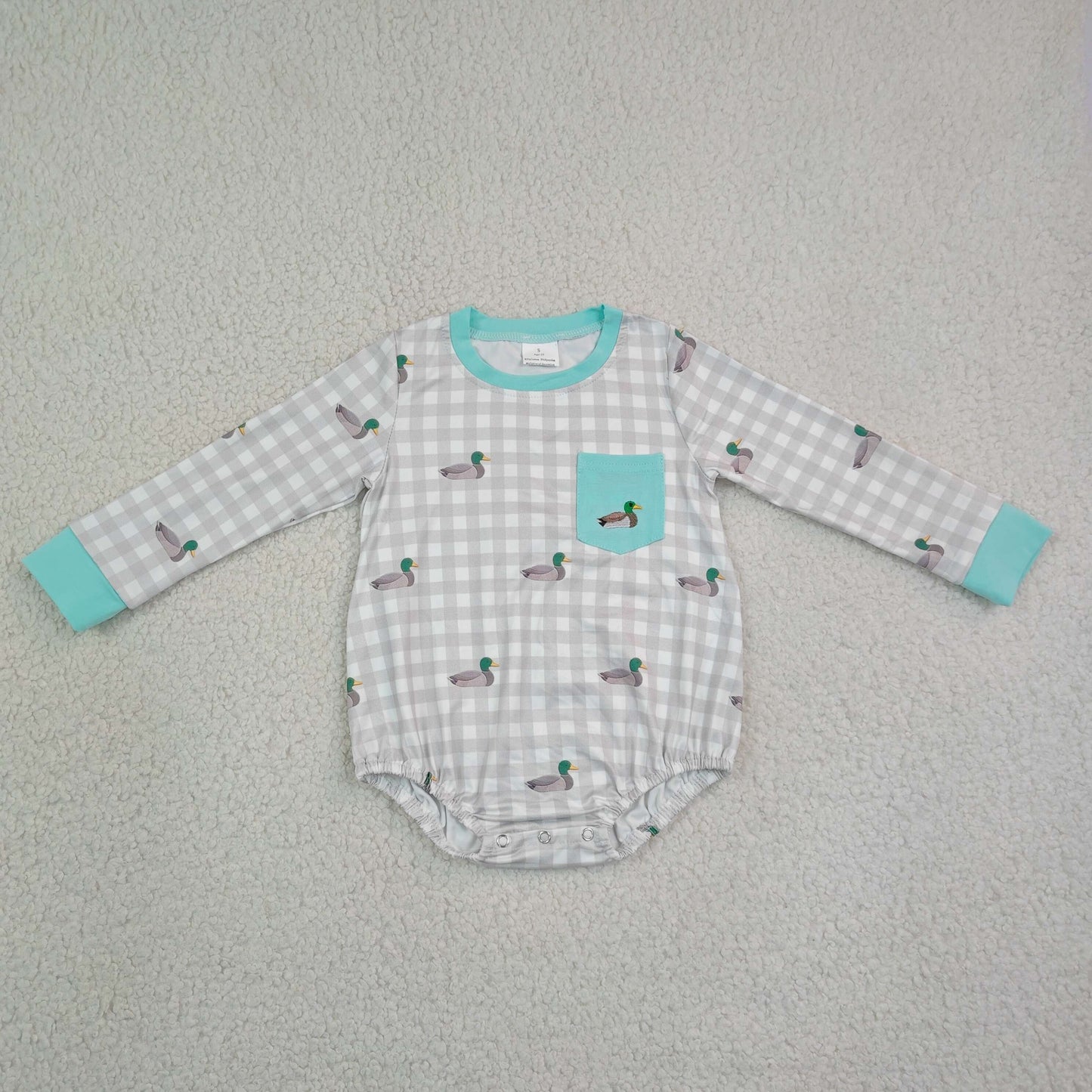 Baby Boys Infant Long Sleeves Embroidery Ducks Checked Pocket Romper Clothes RTS
