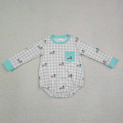 Sibling Baby Boys Long Sleeves Embroidery Ducks Deer Pockets Plaid Bubble Rompers RTS
