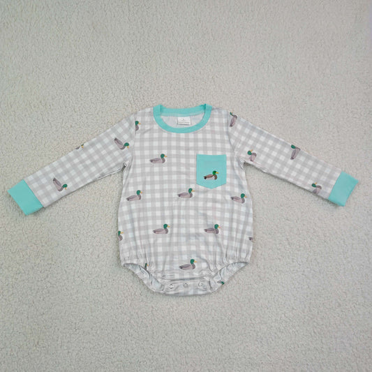 Baby Boys Infant Long Sleeves Embroidery Ducks Checked Pocket Romper Clothes RTS
