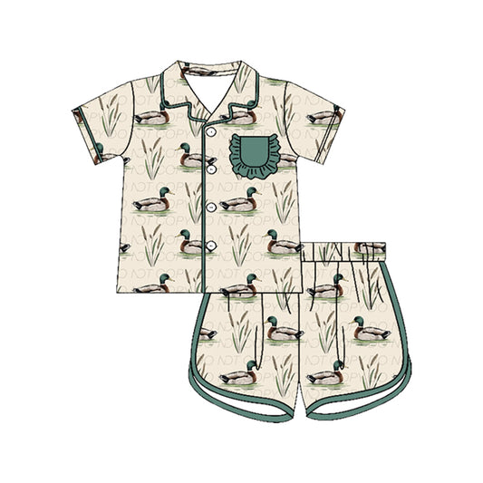 ( Moq 5 ) Preorder Baby Girls Kids Short Sleeves Ducks Green Pocket Shirt Shorts Set Pajamas Clothes