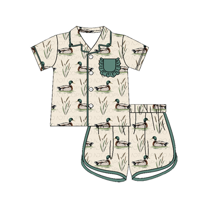 ( Moq 5 ) Preorder Baby Girls Kids Short Sleeves Ducks Green Pocket Shirt Shorts Set Pajamas Clothes
