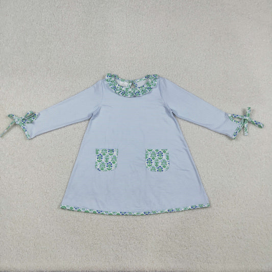 Baby Girl Long Sleeves Flower Pocket Blue Stripes Knee Length Dress RTS