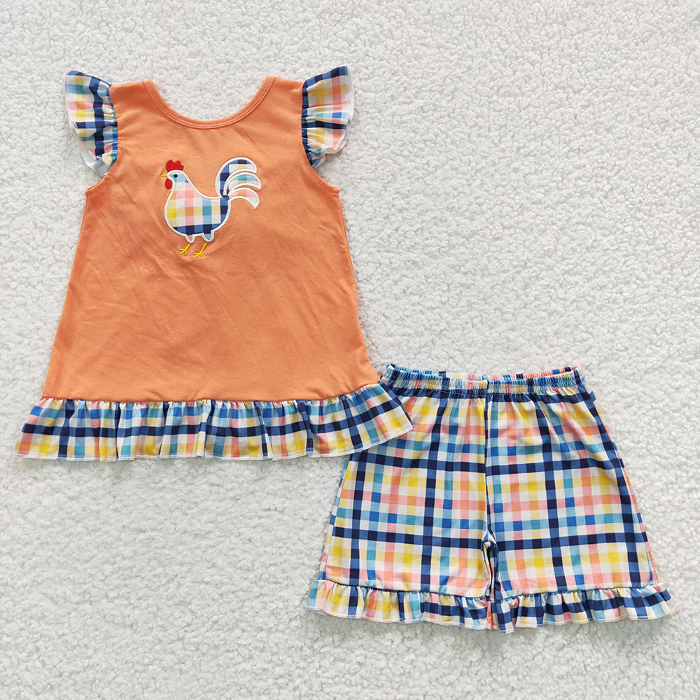 GSSO0313 Baby Girl Summer Short Sleves Embroidery Chicken Top Plaid Shorts Outfit