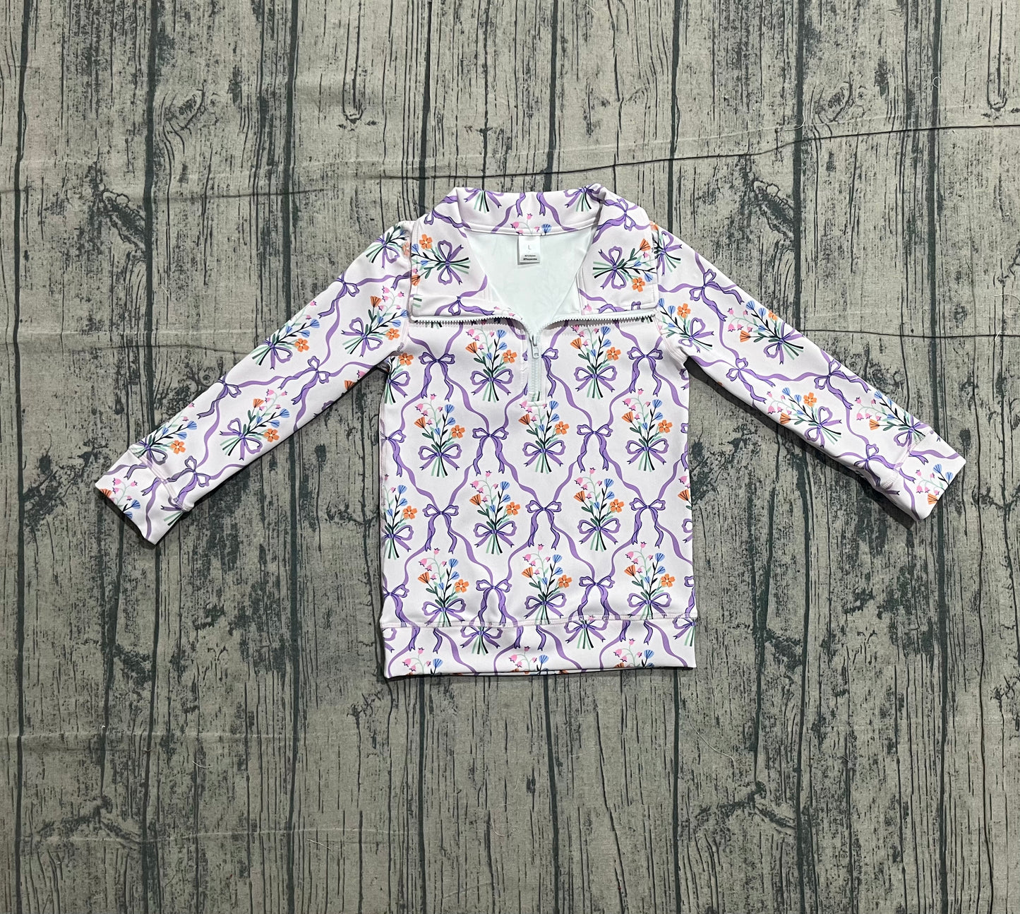 Baby Girls Kids Long Sleeves Bows Floral Yoga Active Zipper Purple Pullover Shirt RTS