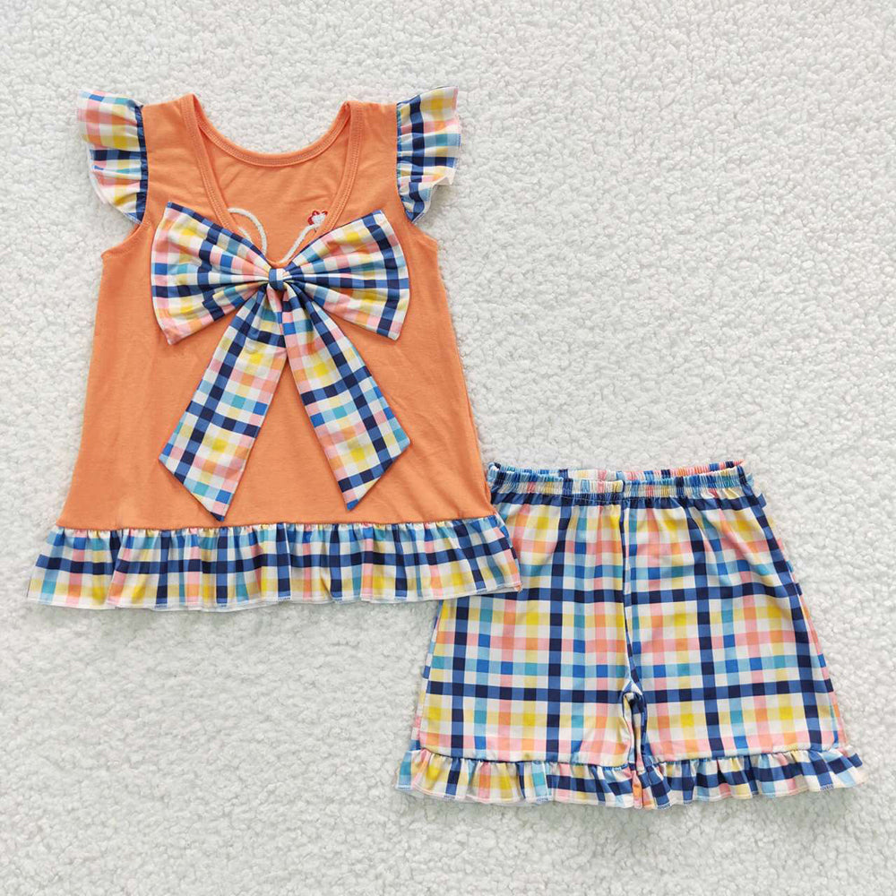 GSSO0313 Baby Girl Summer Short Sleves Embroidery Chicken Top Plaid Shorts Outfit