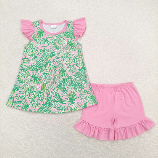 Kids Short Sleeves Green Fish Tops Pink Shorts Set
