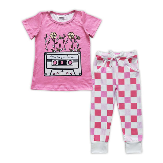 Baby Girl Pink Short Sleeves Tape Flower Shirt Checkered Pocket Pants Outfit