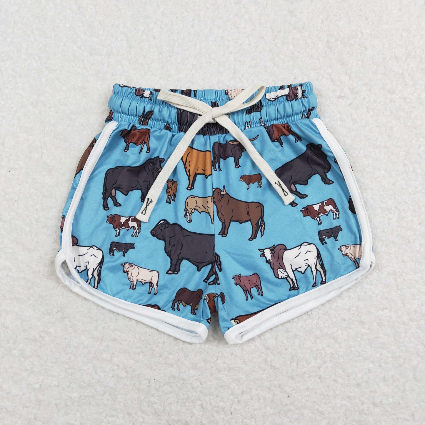 SS0122 Baby Girl Western Cow Print Summer Blue Running Shorts