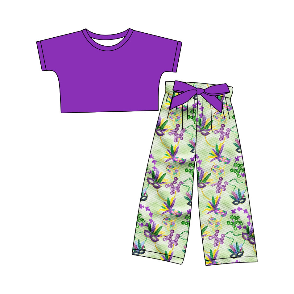 Baby Girl Short Sleeveless Purple Cotton Tops Mardi Gras Pants Set ( Moq 5 ) 12.10
