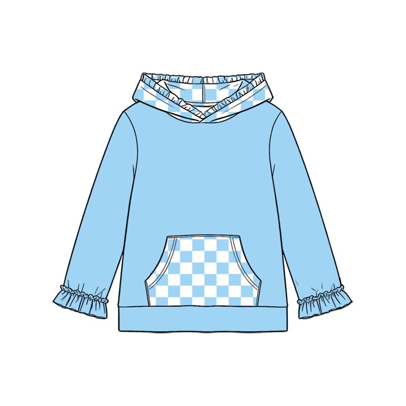 ( Moq 5 ) Preorder Baby Girls Kids Blue Hoodie Checked Pocket Pullover Tops Clothes