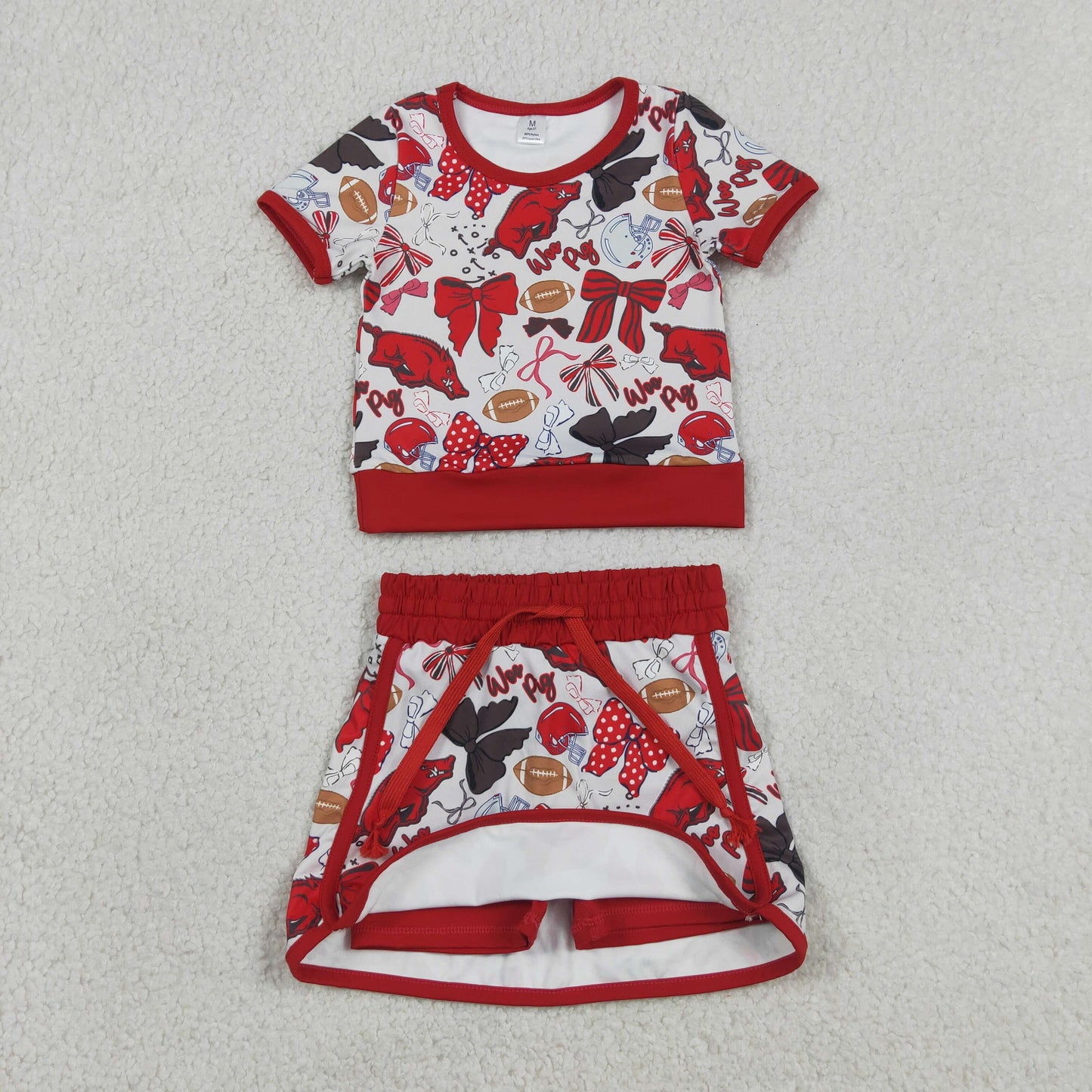 Baby Girls Toddler Short Sleeves Pigs Bows Football Team Shirt Shorts Yoga Red Set RTS