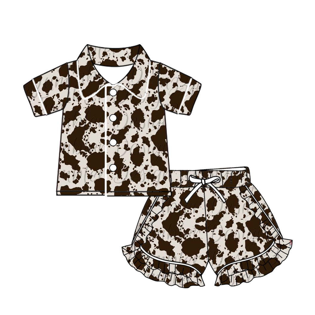 Baby Girl Short Sleeves Cow Print Buttons Short Summer Pajamas Clothes Set Moq 5