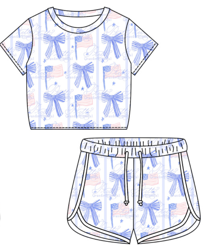 Baby Girl Short Sleeves Flag Bows Shirt Shorts July 4th Clothes Set Moq 5