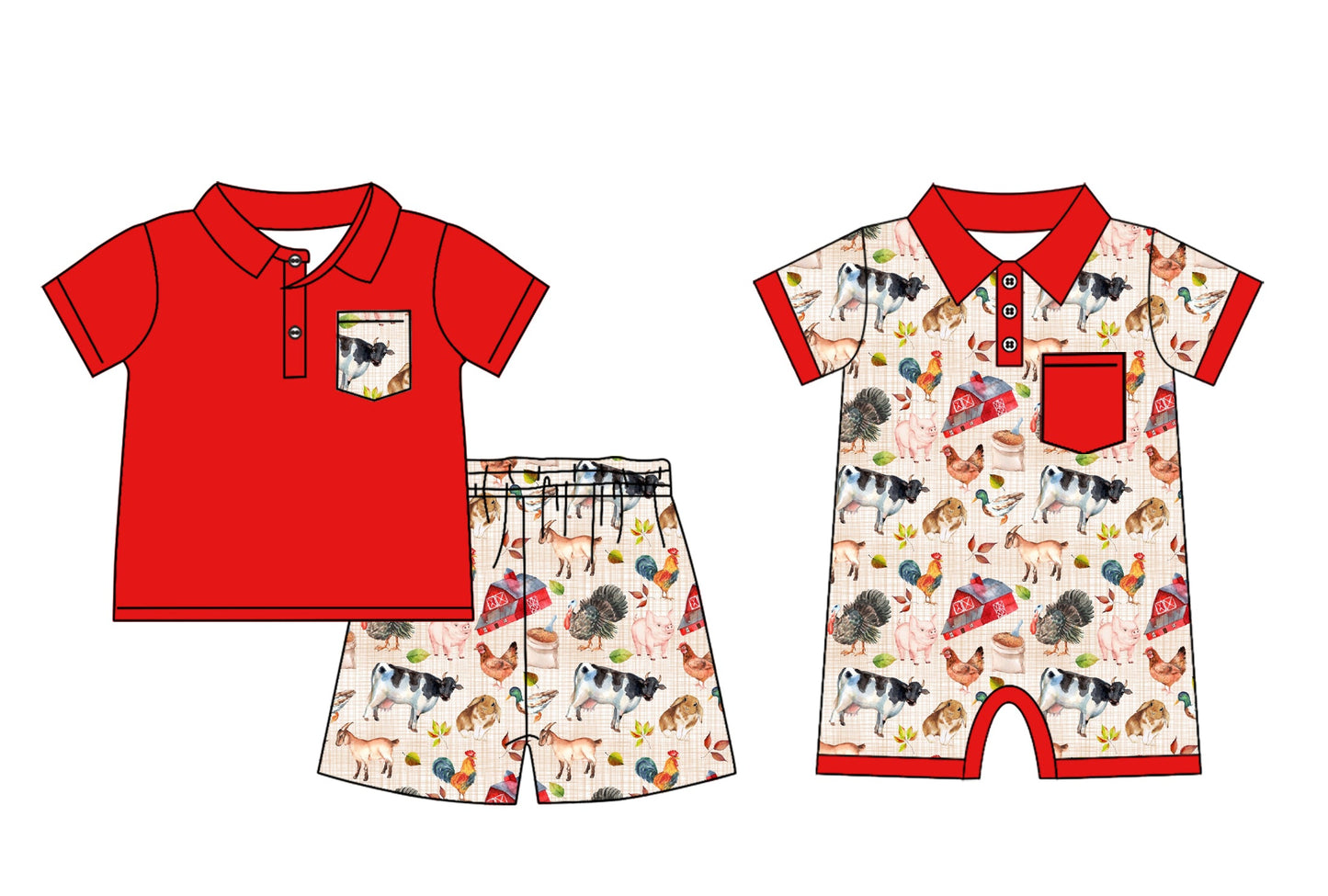 Baby Boy Farm Animals Red Sibling Romper Set ( Moq 5 Each Style ) 1.20