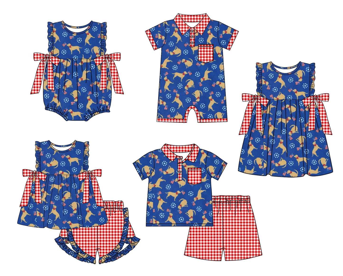 Baby Boy Girl July 4th Dog Sibling Matching Green Dress Romper Clothes Set ( Moq 5 Each style )